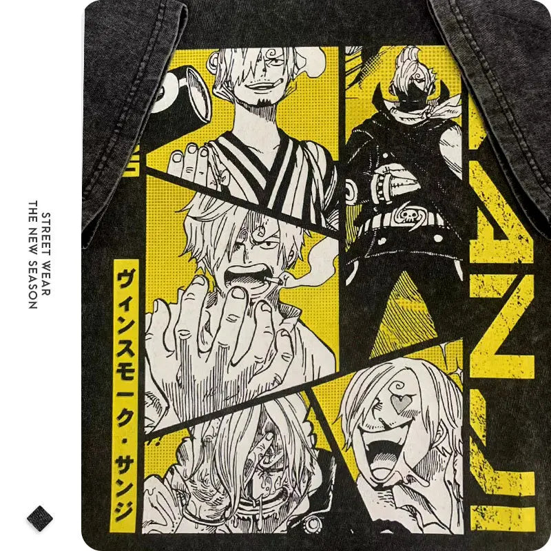 Sanji T Shirts Vintage Washed Anime One Piece T-shirt Oversized Harajuku Streetwear Manga Ace Law Jinbe Kid Luffy Tops Tees Men NeoTokyoThread